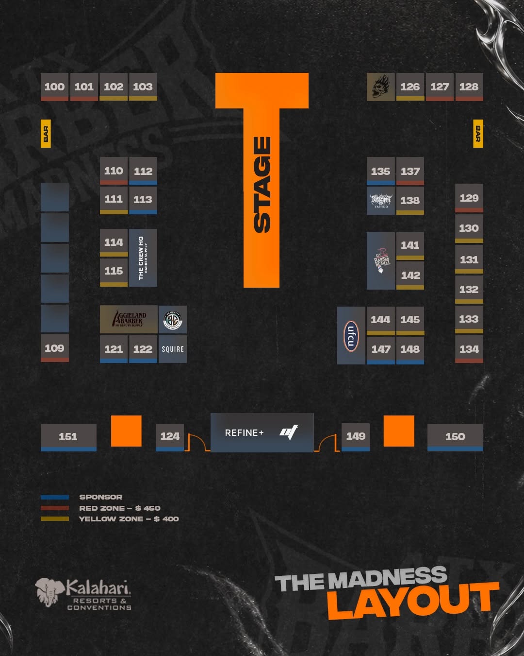 ATX Barber Madness 2026 official floor layout showing stage, sponsor, and vendor booths